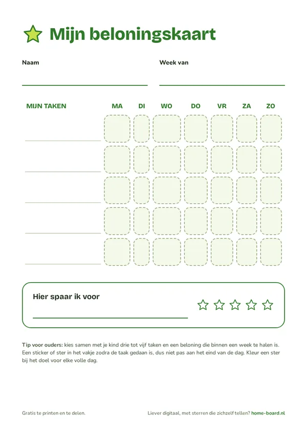 De printbare beloningskaart met vakjes voor zeven dagen